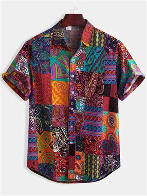 Mens Geometric Casual Cotton Shirts Men Printed Cotton Shirts