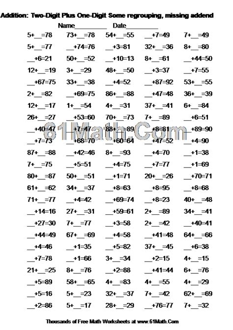 Addition Two Digit Plus One Digit Some Regrouping Missing Addend Create Your Own Math Worksheets