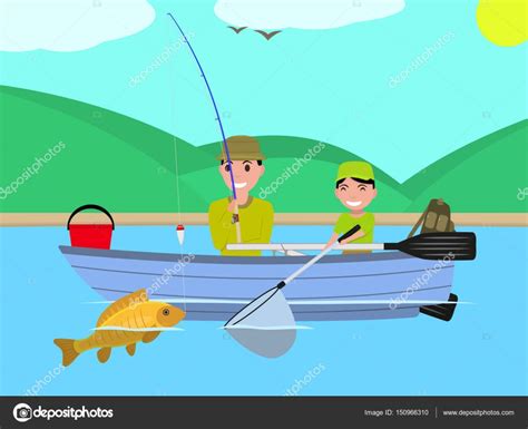 Vector Cartoon Father Son Together Fishing Boat Stock Illustration By