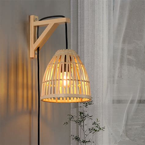 Modern Plug In Cord Bamboo Wall Light Fixture Rattan Lampshade