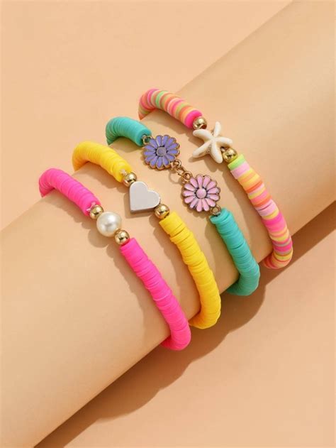 4pcs Set Fashion Polymer Clay Heart Flower Decor Beaded Bracelet For