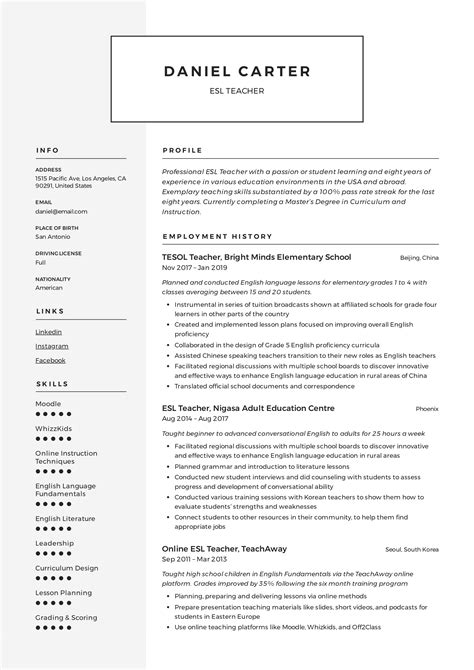 Esl Teacher Resume Sample Writing Guide Resumeviking