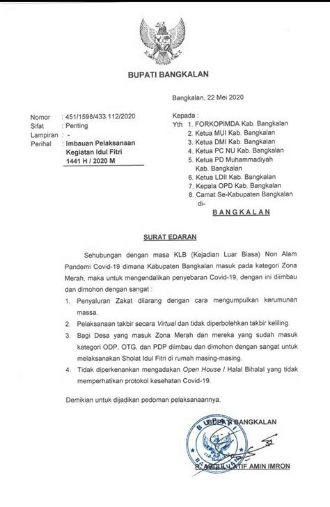 Pemkab Bangkalan Keluarkan Surat Edaran Imbauan Pelaksanaan Idul Fitri