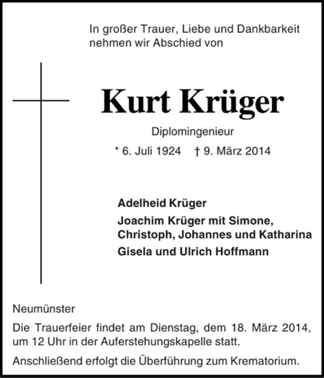 Traueranzeigen Von Kurt Kr Ger Sh Z Trauer