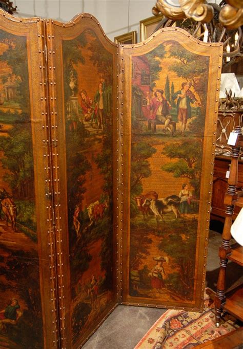 English S Four Fold Painted And Gilt Leather Screen With Pastoral