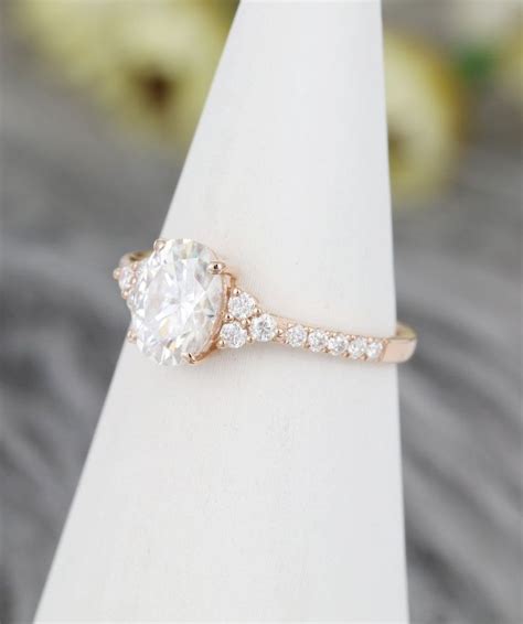 Vintage Oval Moissanite Engagement Ring Unique Cluster Rose Gold