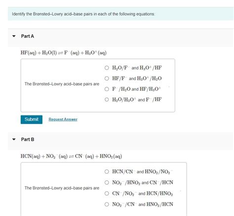 Solved Identify The Brønsted Lowry Acid Base Pairs In Each