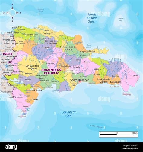 Dominican Republic Political Map With Capital Cities Towns National Borders Rivers And