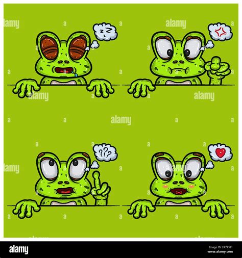 Set Of Expression Frog Face Cartoon Sleep Angry Confused And Loving