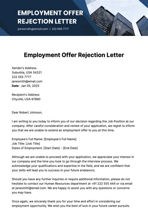 Free Employment Offer Rejection Letter Template Edit Online And Download