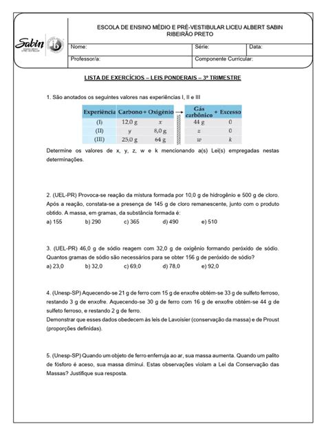 Exercícios De Leis Ponderais - Exercícios de Leis Ponderais e Estequiometria | PDF | Dióxido de ...