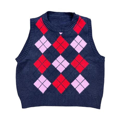 Argyle Knit Sweater Vest Navy Blue With Red Pink Depop