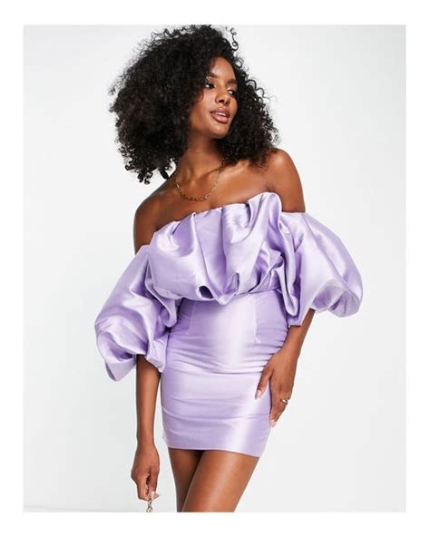 Asos Asos Edition Blouson Off Shoulder Mini Dress In Lilac Purple