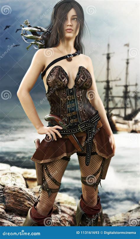 Portrait Of A Pirate Female Posing After Coming Ashore Stock