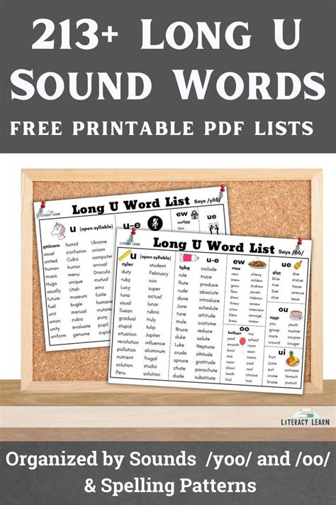 Graphic With Two Long U Word Lists On A Cork Board Long U Words Vowel