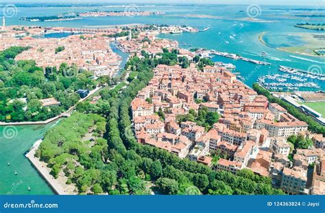 Aerial View Of Venetian Lagoon And Cityscape Of Venice Island In Sea