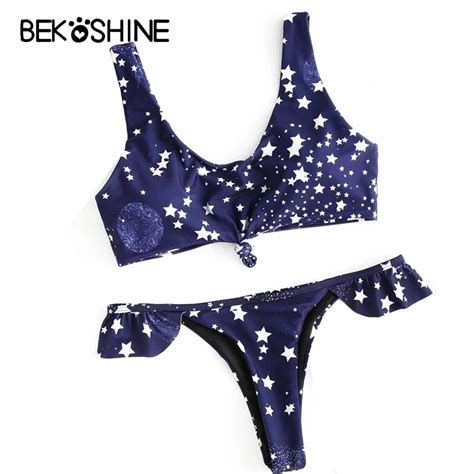 Bekoshine Print Bikini Set Swimwear Blue Bikini Women Star Bathing