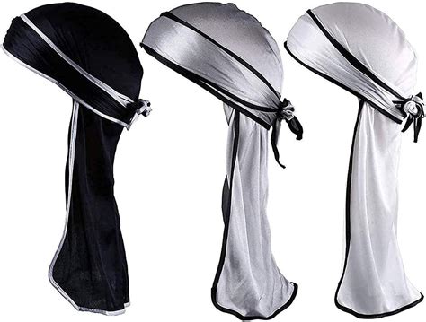 Leeq Silky Durag Long Tail Headwraps Wide Straps Pirate Cap Smooth Hat