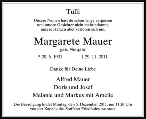 Alle Traueranzeigen F R Margarete Mauer Trauer Rp Online De