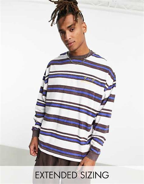 Asos Design Oversized Long Sleeve Stripe T Shirt In Off White And Brown