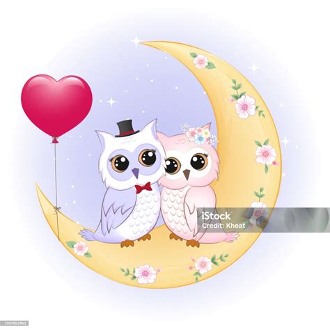 Couple Owl And Heart Balloons On The Moon Valentines Day Concept