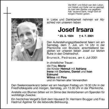 Traueranzeigen Von Josef Irsara Trauer Bz