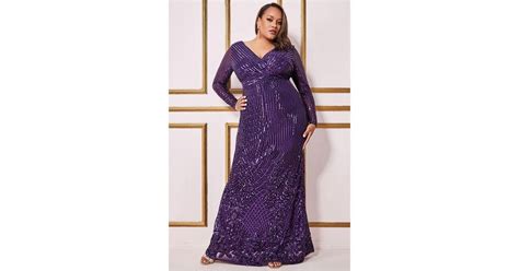 Goddiva Plus Long Sleeve Sequin V Wrap Maxi In Purple Lyst Uk