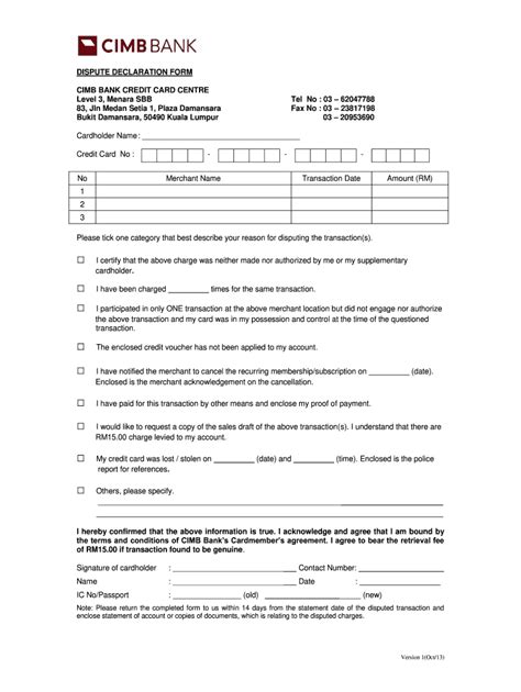 2013 Form Cimb Bank Dispute Declaration Fill Online Printable Fillable Blank Pdffiller