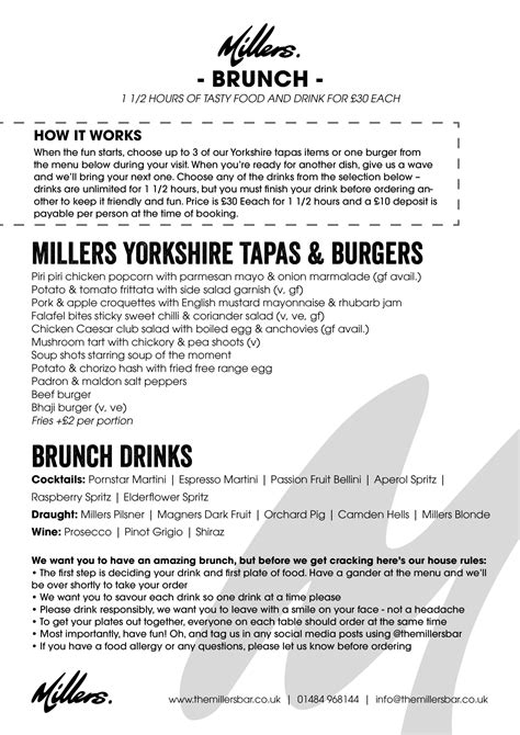 Millers Bottomless Brunch Menu The Millers Bar