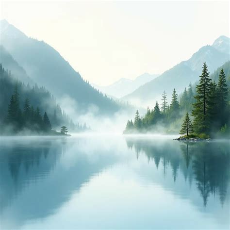 morning mist  mountain lake tranquil watercolor painting