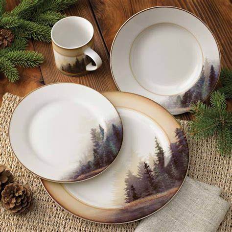 Misty Forest Pine Tree 16 Piece Dinnerware Set Ceramic Dinnerware Set