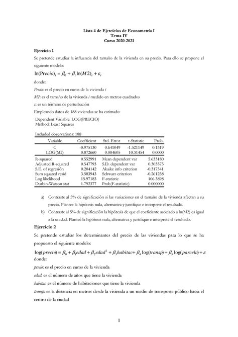 Hoja Ejercicios 4 20 21 1 Lista 4 de Ejercicios de Econometría I Tema