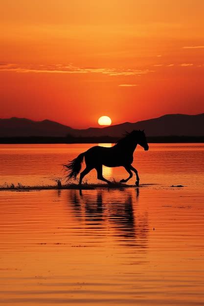 Premium Photo | Silhouette of horse running on water with sunset sky