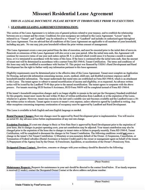 Missouri Residential Lease Agreement Form Printable Form Templates