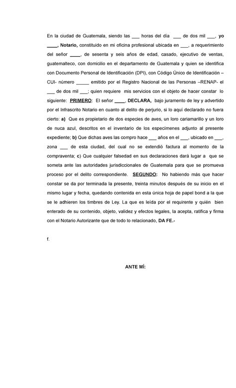 Acta Notarial De Declaraci N Jurada De Registro De Especies Ex Ticas