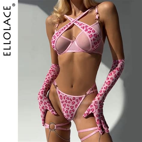 Ellolace Leopard Lingerie Cross Bra Push Up Intimate See Through Lace