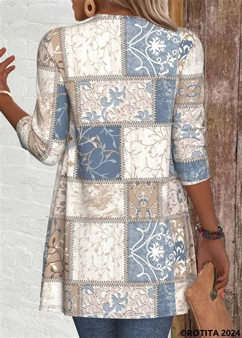 Rotita Patchwork Geometric Print Long Sleeve Light Cardigan Rotita