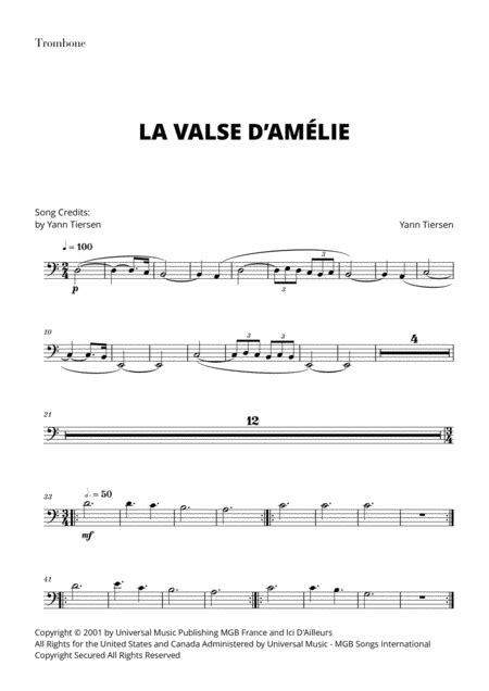 Yann Tiersen La Valse D Amélie for Trombone By Yann Tiersen