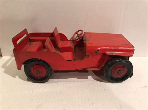 Vintage 1950 S MARX Pressed Steel Red WILLYS JEEP Antique Tin Toy Car