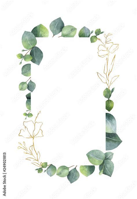 Watercolor Vector Frame With Green Eucalyptus Leaves And Gold Elements