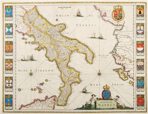 Old Map Kingdom Of Naples Original Antique Engraving 17th Century History