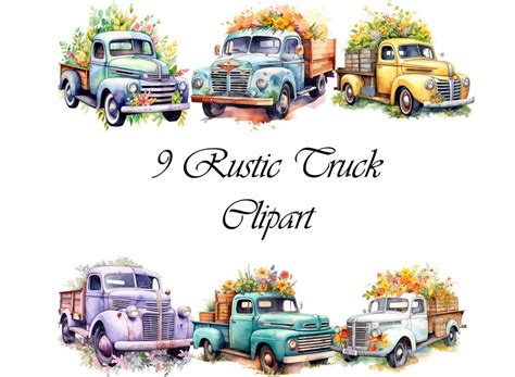 9 Rustic Trucks With Flowers Clipart Digital Paper Etsy