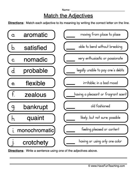 Matching Adjectives Worksheet By Teach Simple