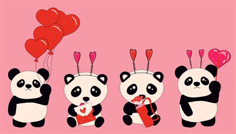 Un Ensemble De Mignons Petits Pandas Assis Tient Des Coeurs Personnage