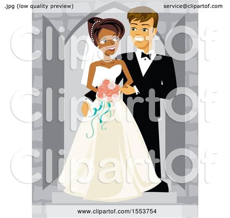 Clipart Of A Happy African American Bride And Caucasian Groom Royalty