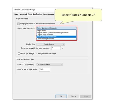 Using Bates Numbers For Page Numbering In PDF Table Of Contents