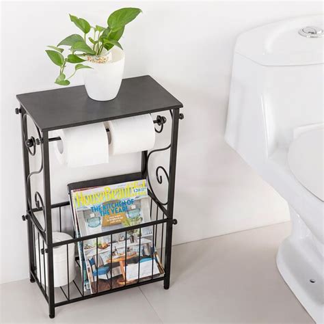 MyGift Free Standing Toilet Paper Holder With Magazine Rack