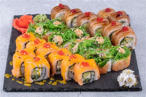 Japanese Sushi Food Maki Ands Rolls With Tuna Salmon Shrimp Crab