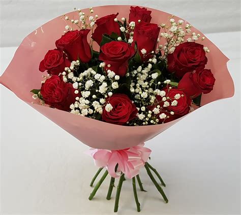 Red Roses Bouquet Dozen Roses With Gypsophila Fresh Cut Flowers Perfect For Birthday