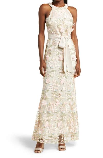 Eliza J Floral 3d Embroidered Halter Neck Gown In Pink Modesens